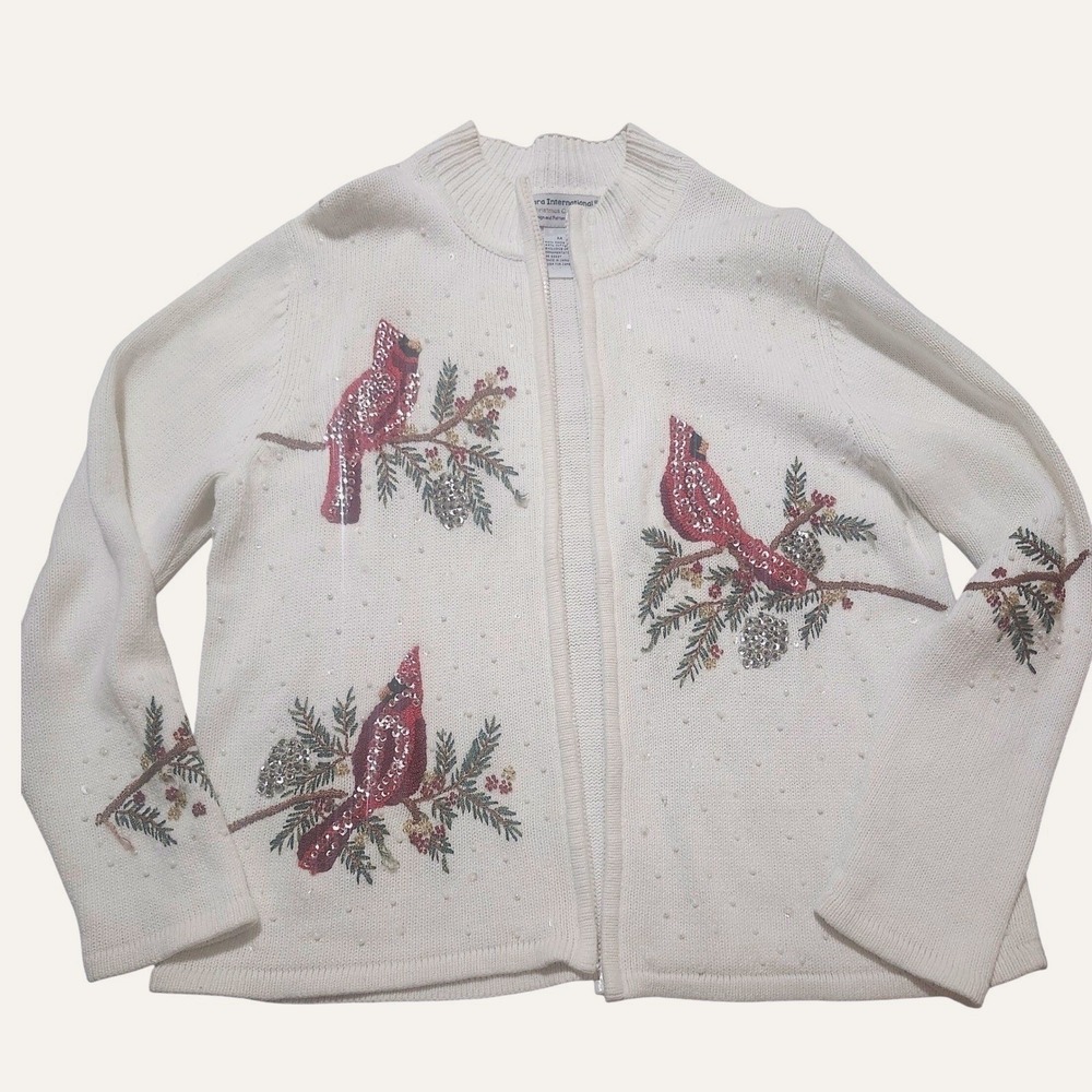 Tiara International Christmas Cardinal Sequin Embroidered Cardigan Sweater Med